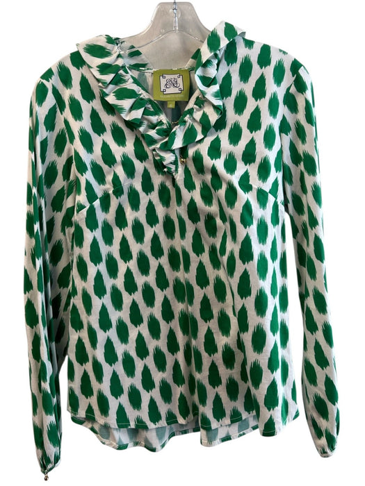 Elizabeth McKay Size 6 Green & White Cotton Blend Long Sleeve Ruffle collar Top Green & White / 6