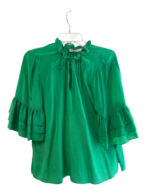 Alice + Olivia Size Medium Green Silk V Neck 3/4 Flutter Sleeve Top Green / Medium
