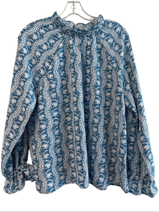 Hill House Size Medium Blue & White Polyester Long Sleeve Floral high neck Top Blue & White / Medium