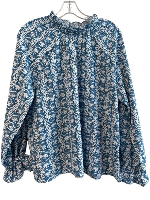 Hill House Size Medium Blue & White Polyester Long Sleeve Floral high neck Top Blue & White / Medium