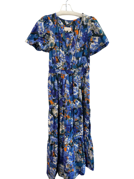 By Anthropologie Size Small Blue & Orange Cotton Short Sleeve V Neck Maxi Dress Blue & Orange / Small