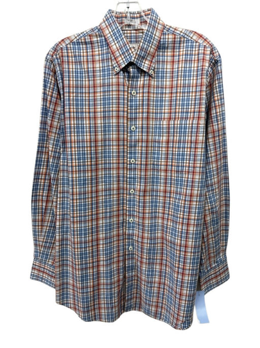 Peter Millar Size M Orange & Blue Cotton Plaid Button Up Men's Long Sleeve Shirt Orange & Blue / M