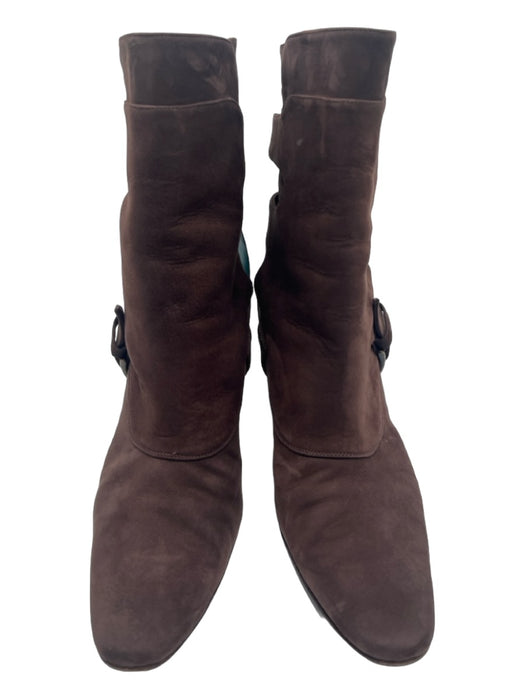 Manolo Blahnik Shoe Size 38.5 Brown Suede Almond Toe Calf High 3 buckles Booties Brown / 38.5