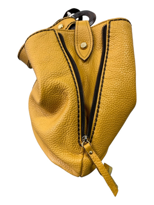 Plinio Visona Mustard Yellow Leather Wood Detail Contrast Stiching Shoulder Bag Mustard Yellow / Medium