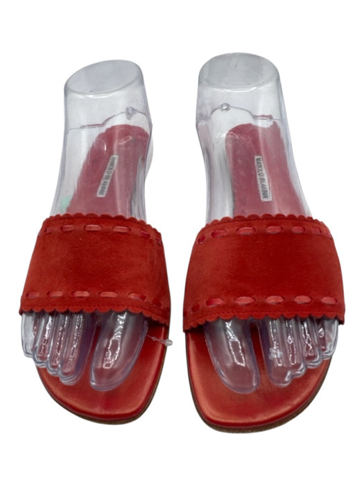 Manolo Blahnik Shoe Size 39.5 Red Suede & Leather Scallop Detail Slide Sandals Red / 39.5