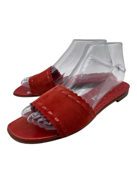 Manolo Blahnik Shoe Size 39.5 Red Suede & Leather Scallop Detail Slide Sandals Red / 39.5