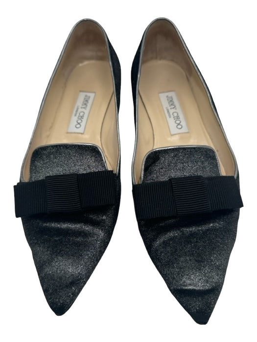 Jimmy Choo Shoe Size 38.5 Silver & Black Velvet Shimmer Pointed Toe Bow Loafers Silver & Black / 38.5