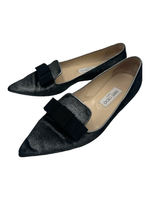 Jimmy Choo Shoe Size 38.5 Silver & Black Velvet Shimmer Pointed Toe Bow Loafers Silver & Black / 38.5