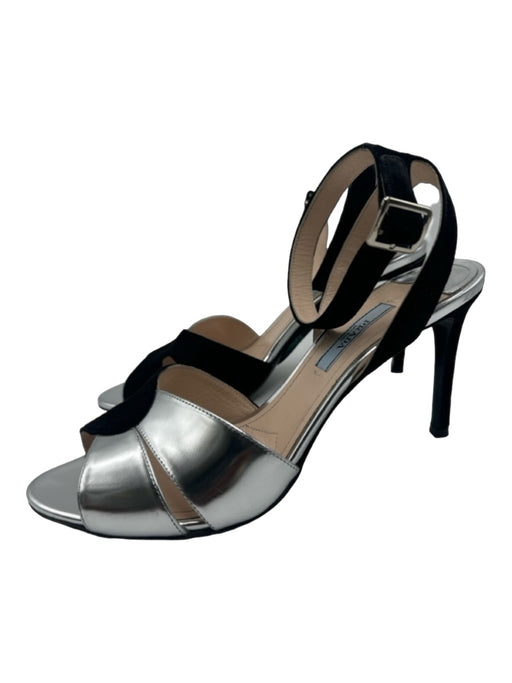 Prada Shoe Size 38.5 Black & Silver Leather open toe Ankle Strap Midi Pumps Black & Silver / 38.5