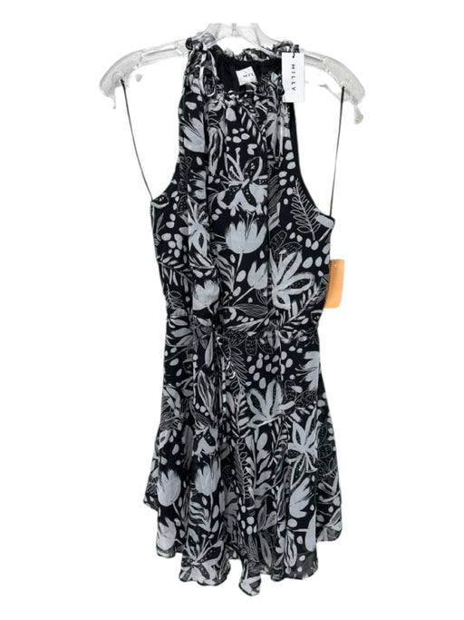 Milly Size 8 Black & White Rayon Blend Chiffon Overlay Floral Sleeveless Dress Black & White / 8