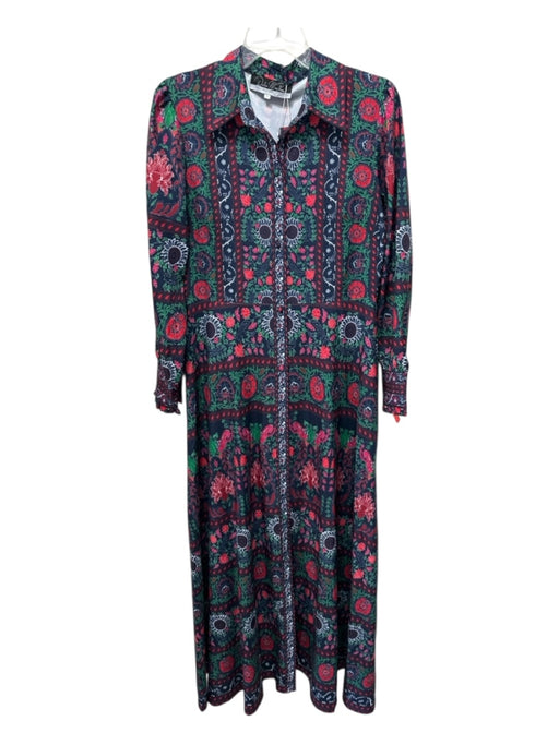 Dalia Macphee Size M Navy, Red, Green Polyester Button Down Collar Dress Navy, Red, Green / M