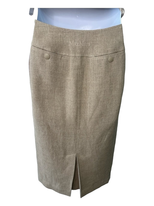 Max Mara Size 6 Beige Linen Burlap Side Zip Below Knee Snap Detail Skirt Beige / 6