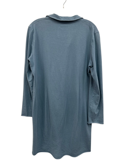Frank & Eileen Size L Blue Cotton Long Sleeve Raw Hem Collared V Neck Mini Dress Blue / L