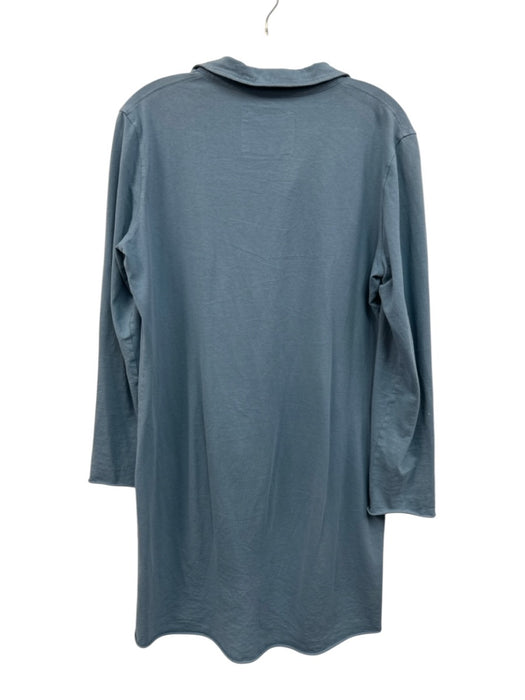 Frank & Eileen Size L Blue Cotton Long Sleeve Raw Hem Collared V Neck Mini Dress Blue / L