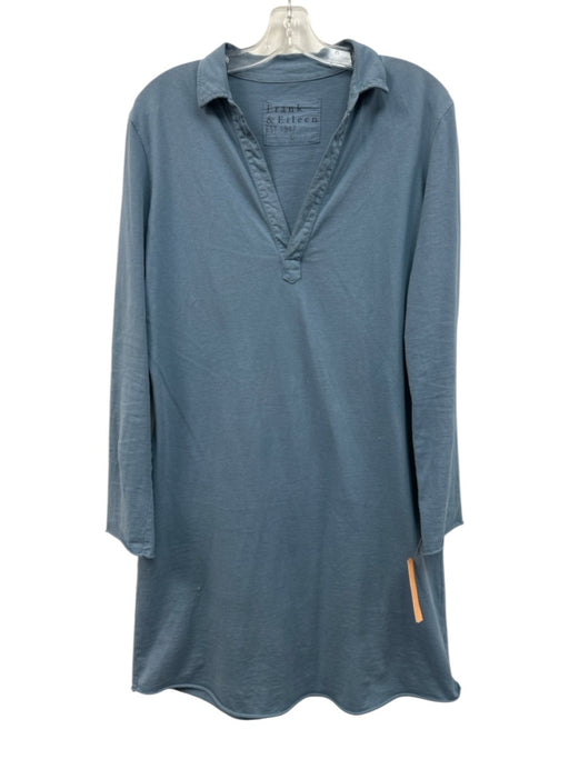 Frank & Eileen Size L Blue Cotton Long Sleeve Raw Hem Collared V Neck Mini Dress Blue / L