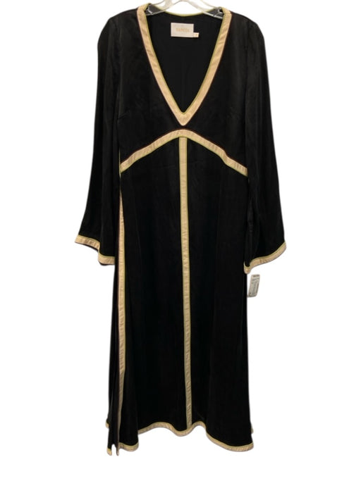 Sancia Size M Black, Beige & Green Cupro Blend Contrast Piping V Neck Dress Black, Beige & Green / M