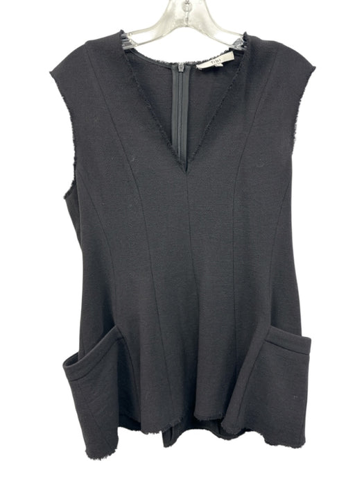 Tibi Size 8 Black Wool Sleeveless Frayed Edge V Neck Paneled Top Black / 8