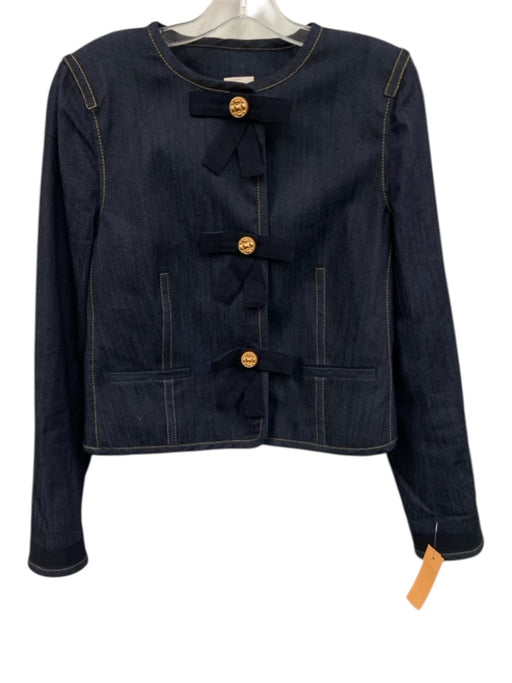 Cinq a Sept Size L Dark Wash Cotton Denim Snap Button Front Bow Detail Jacket Dark Wash / L