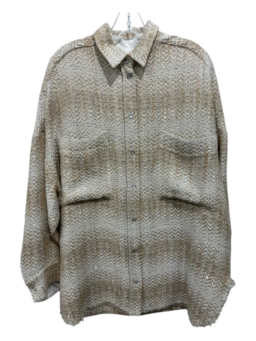 IRO Size 40 Tan & White Polyester Blend Tweed Fringe Hem Snap Button Jacket Tan & White / 40