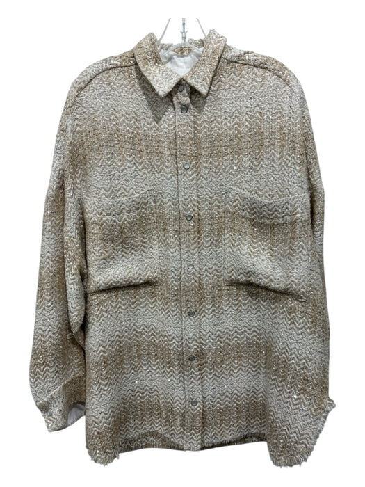 IRO Size 40 Tan & White Polyester Blend Tweed Fringe Hem Snap Button Jacket Tan & White / 40