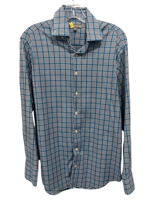 Peter Millar Size M Aqua & White Synthetic Plaid Button Up Long Sleeve Shirt Aqua & White / M