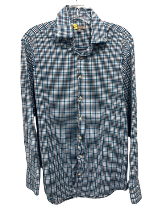 Peter Millar Size M Aqua & White Synthetic Plaid Button Up Long Sleeve Shirt Aqua & White / M