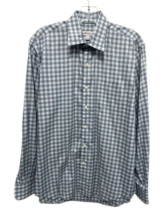 Peter Millar Size M Blue & Light Blue Print Cotton Plaid Men's Long Sleeve Shirt Blue & Light Blue Print / M