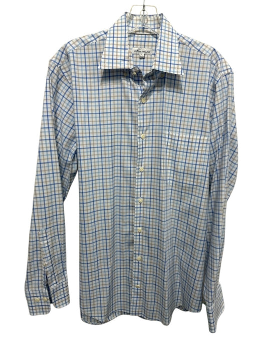 Peter Millar Size M Blue & Tan Cotton Grid Button up Men's Long Sleeve Shirt Blue & Tan / M