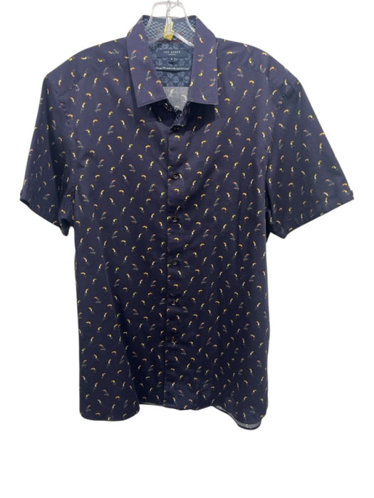 Ted Baker Size 5 Navy Cotton Birds Button Up Men's Short Sleeve Navy / 5