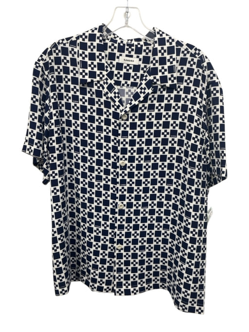 Sandro Size Est L Navy & White Silk Blend Checkered Button up Men's Short Sleeve Navy & White / Est L