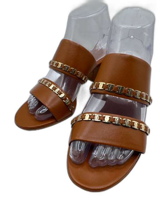 Salvatore Ferragamo Shoe Size 7 Tan Leather Upper Gold Tone Details Mule Sandals Tan / 7