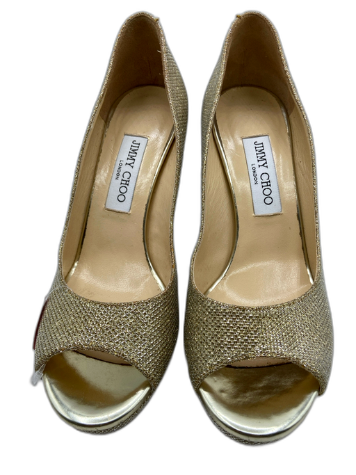 Jimmy Choo Shoe Size 39 Gold Glitter Leather Lining Peep Toe Stiletto Pumps Gold / 39