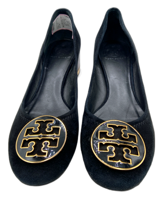 Tory Burch Shoe Size 9 Black & Gold Leather Suede Stacked Heel Metal Logo Pumps Black & Gold / 9