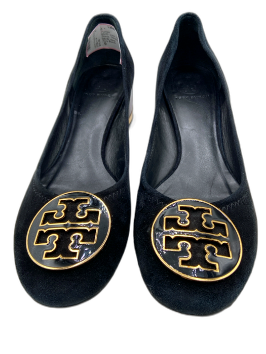 Tory Burch Shoe Size 9 Black & Gold Leather Suede Stacked Heel Metal Logo Pumps Black & Gold / 9