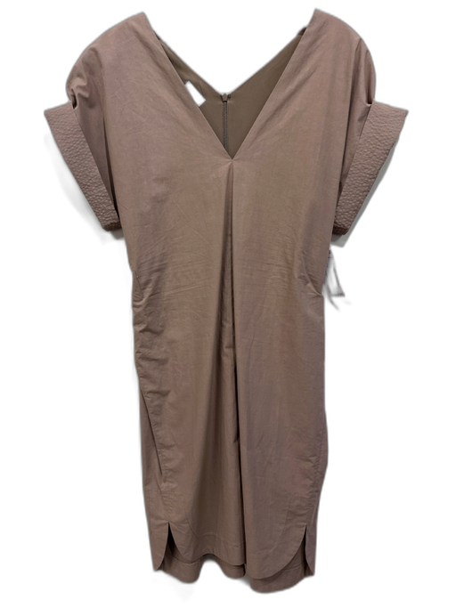 Brunello Cucinelli Size Medium Taupe Brown Cotton Short Cap Sleeve V Neck Dress Taupe Brown / Medium