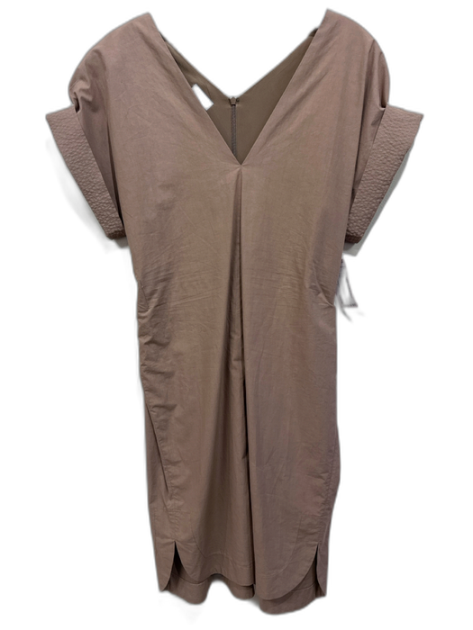 Brunello Cucinelli Size Medium Taupe Brown Cotton Short Cap Sleeve V Neck Dress Taupe Brown / Medium