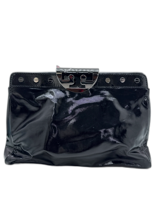 Tory Burch Black Leather Shiny Clutch Gunmetal Hardware Snap Button Closure Bag Black / Small