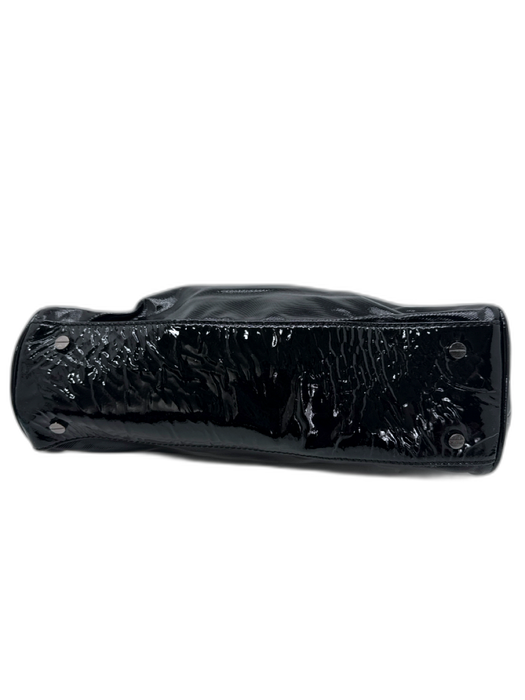 Tory Burch Black Leather Shiny Clutch Gunmetal Hardware Snap Button Closure Bag Black / Small