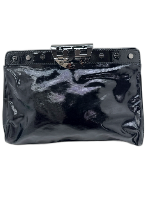 Tory Burch Black Leather Shiny Clutch Gunmetal Hardware Snap Button Closure Bag Black / Small