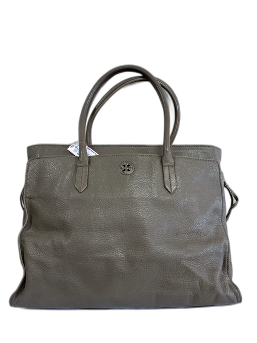 Tory Burch Taupe Gray Leather Tote Double Handle Top Zip Logo Bag Taupe Gray / Medium