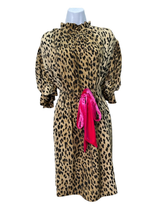 Valentino Size 44 Tan, Black & Pink Silk Tie Waist Animal Print Dress Tan, Black & Pink / 44