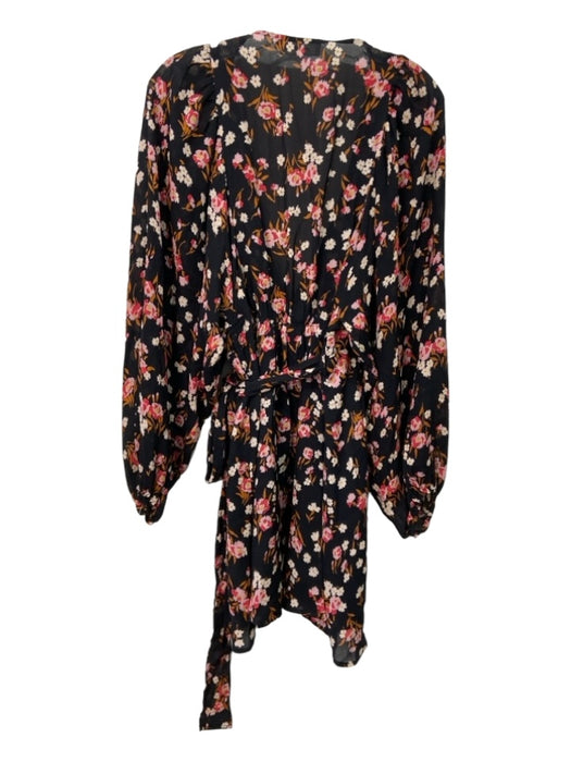 A.L.C. Size 8 Black, Pink, Orange Silk Floral Wrap Puff Sleeve Knee length Dress Black, Pink, Orange / 8