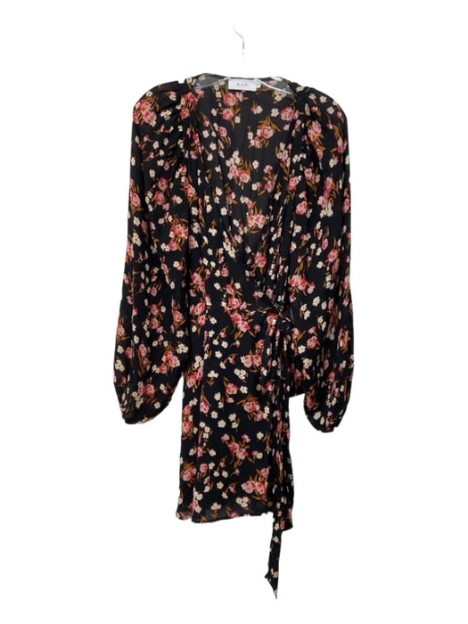 A.L.C. Size 8 Black, Pink, Orange Silk Floral Wrap Puff Sleeve Knee length Dress Black, Pink, Orange / 8