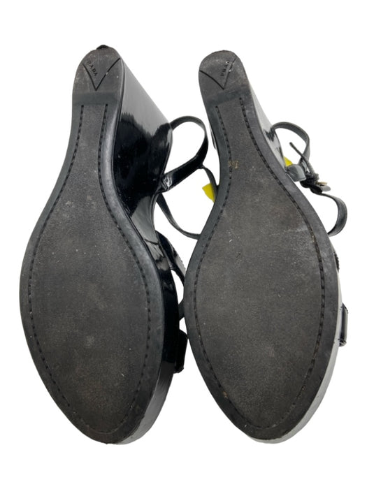 Prada Shoe Size est 37 Black Patent Ankle Strap Cross Strap Open Toe Wedges Black / est 37