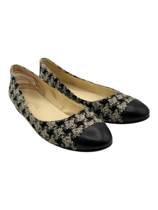 Chanel Shoe Size 40 Black & White Canvas Houndstooth Cap Toe Stacked Heel Flats Black & White / 40