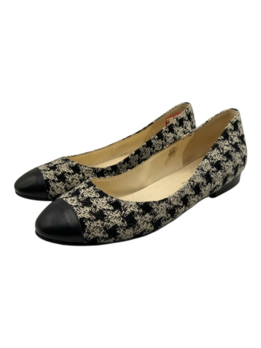 Chanel Shoe Size 40 Black & White Canvas Houndstooth Cap Toe Stacked Heel Flats Black & White / 40