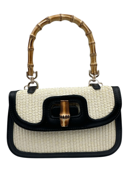 Tiffany & Fred Beige & Black Straw & Leather Woven Flap Toggle Clasp Bag Beige & Black