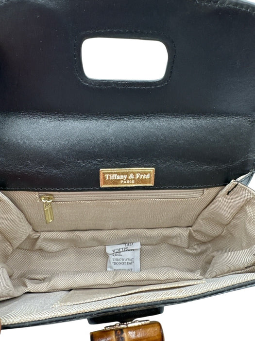 Tiffany & Fred Beige & Black Straw & Leather Woven Flap Toggle Clasp Bag Beige & Black