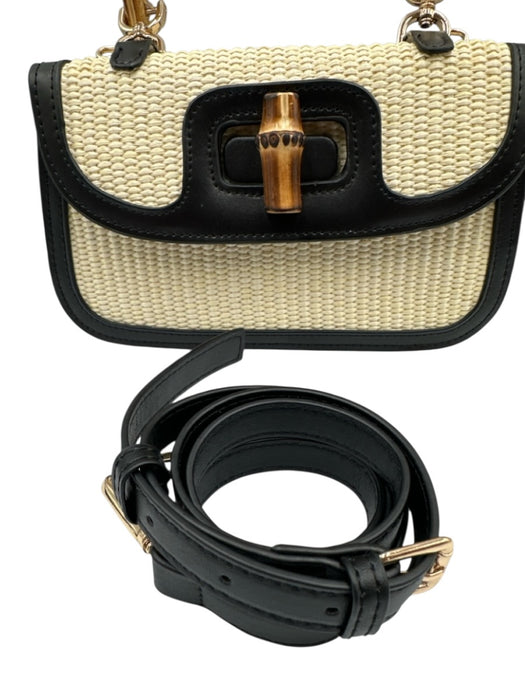 Tiffany & Fred Beige & Black Straw & Leather Woven Flap Toggle Clasp Bag Beige & Black