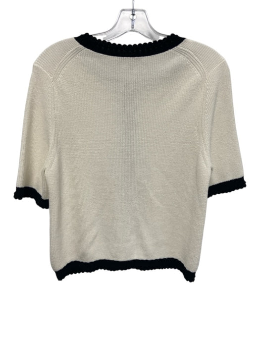 Veronica Beard Size M Cream White & Black Cotton Ribbed Knit Scalloped Edge Top Cream White & Black / M